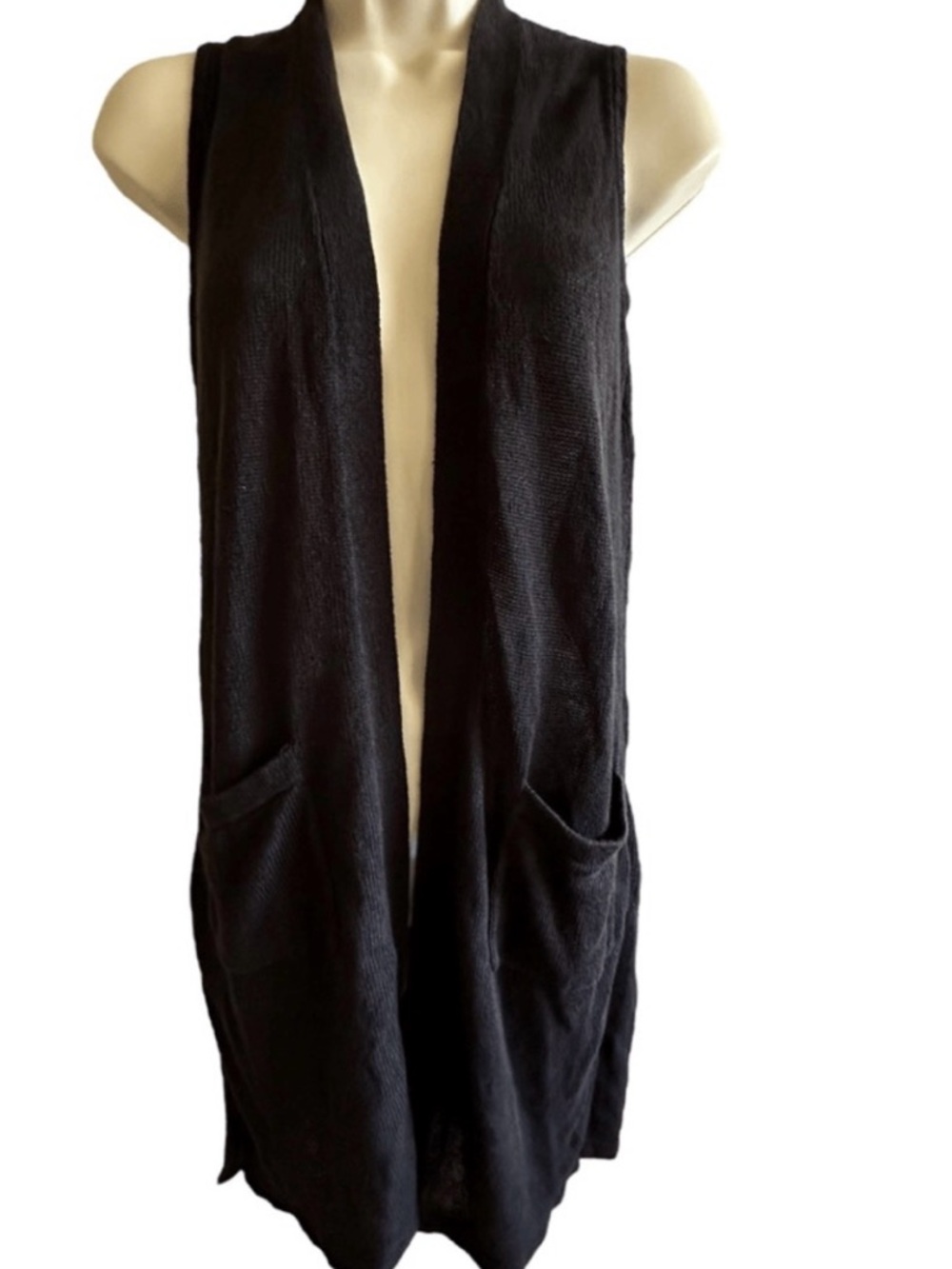 J. Jill Black Sleeveless Linen Blend Open-Front Long Sleveless Cardigan